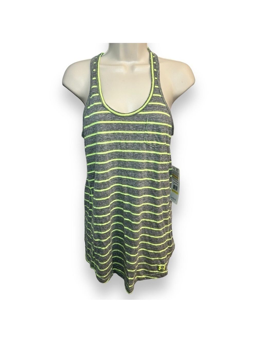 Under Armour Women’s Charged Racerback Tank Grey Neon Green Stripe Size Medium